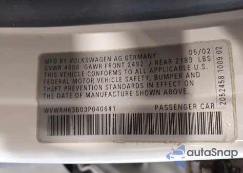 2003 Volkswagen Passat Glx from USA, damaged, VIN WVWRH63B03P040641